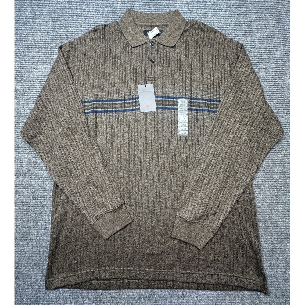 Pierre Cardin Polo Shirt Men Large Brown Ribbed Long Sleeve Striped Cotton
